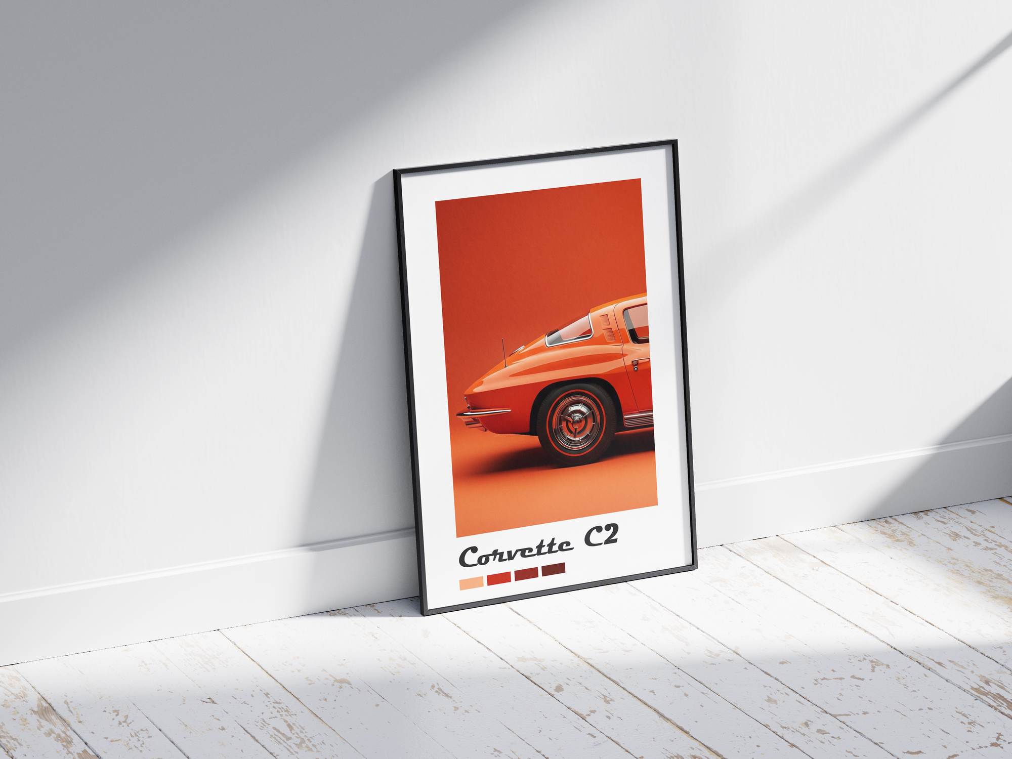 Vibrant Chevrolet Corvette C2 classic car poster, printed on high-quality semi-gloss paper. Perfect wall art for car enthusiasts, garages, offices, or modern interiors with a retro and dynamic aesthetic.