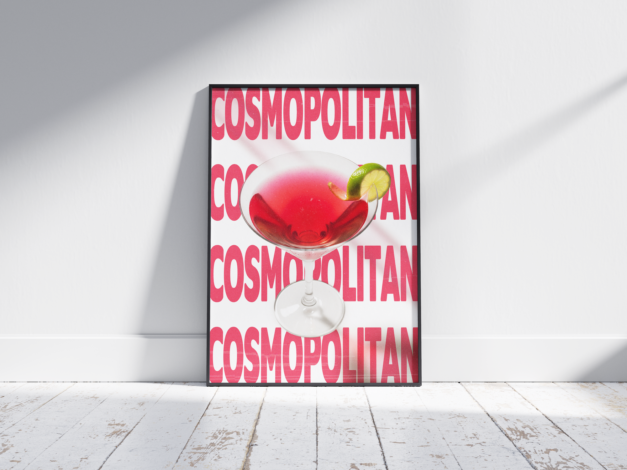 Elegant Cosmopolitan cocktail poster featuring sleek typography and a vibrant drink illustration, printed on semi-gloss sustainable paper. Perfect wall art for living rooms, bar areas, or modern interiors with a chic and sophisticated aesthetic.