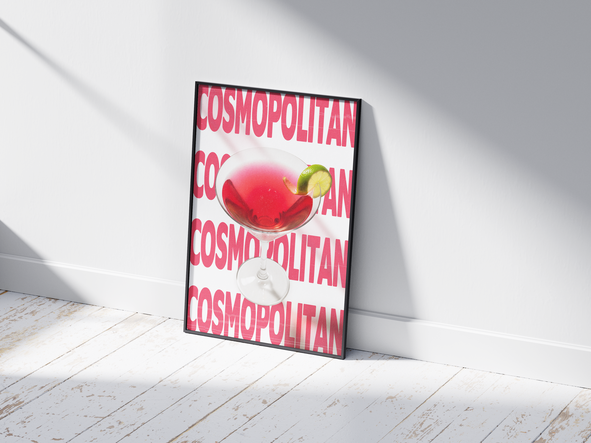 Elegant Cosmopolitan cocktail poster featuring sleek typography and a vibrant drink illustration, printed on semi-gloss sustainable paper. Perfect wall art for living rooms, bar areas, or modern interiors with a chic and sophisticated aesthetic.
