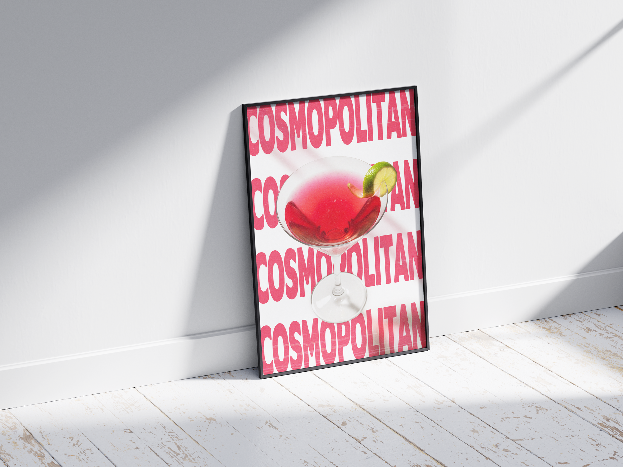 Elegant Cosmopolitan cocktail poster featuring sleek typography and a vibrant drink illustration, printed on semi-gloss sustainable paper. Perfect wall art for living rooms, bar areas, or modern interiors with a chic and sophisticated aesthetic.