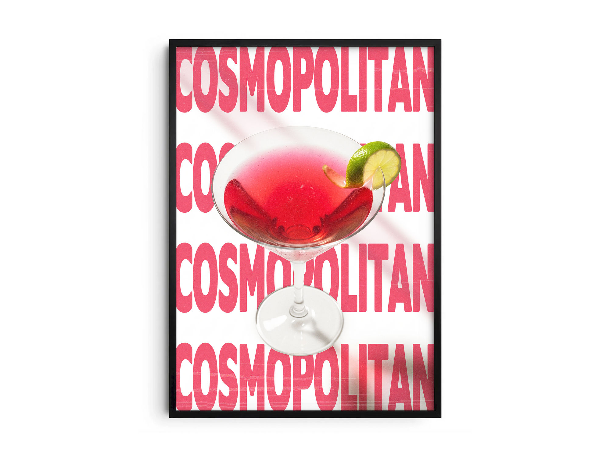 Elegant Cosmopolitan cocktail poster featuring sleek typography and a vibrant drink illustration, printed on semi-gloss sustainable paper. Perfect wall art for living rooms, bar areas, or modern interiors with a chic and sophisticated aesthetic.