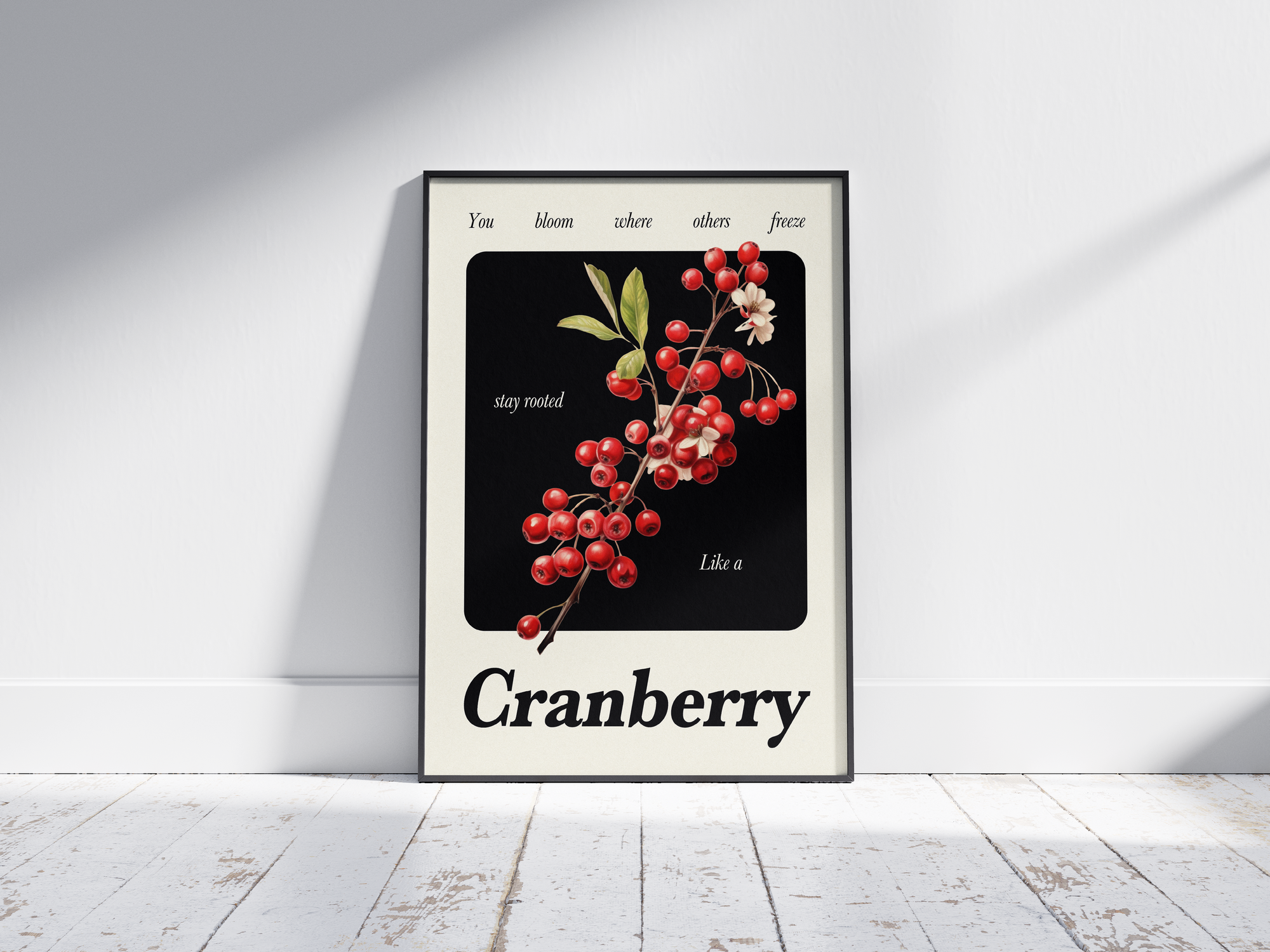 Minimalist botanical cranberry poster featuring a detailed fruit illustration with poetic text. Printed on semi-gloss sustainable paper. Perfect wall decor for kitchens, cozy spaces, or modern interiors that value natural beauty and quiet strength.