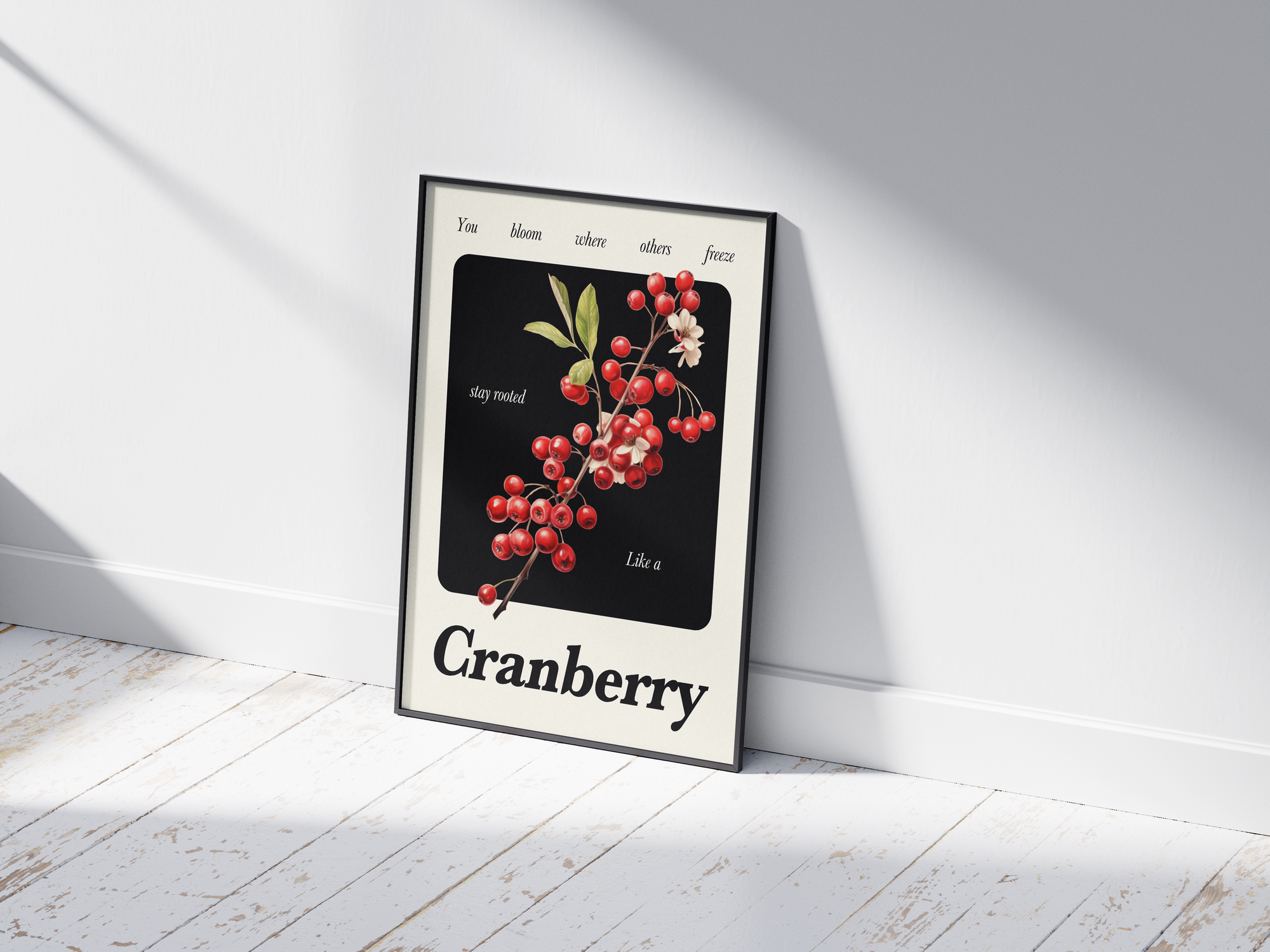 Minimalist botanical cranberry poster featuring a detailed fruit illustration with poetic text. Printed on semi-gloss sustainable paper. Perfect wall decor for kitchens, cozy spaces, or modern interiors that value natural beauty and quiet strength.