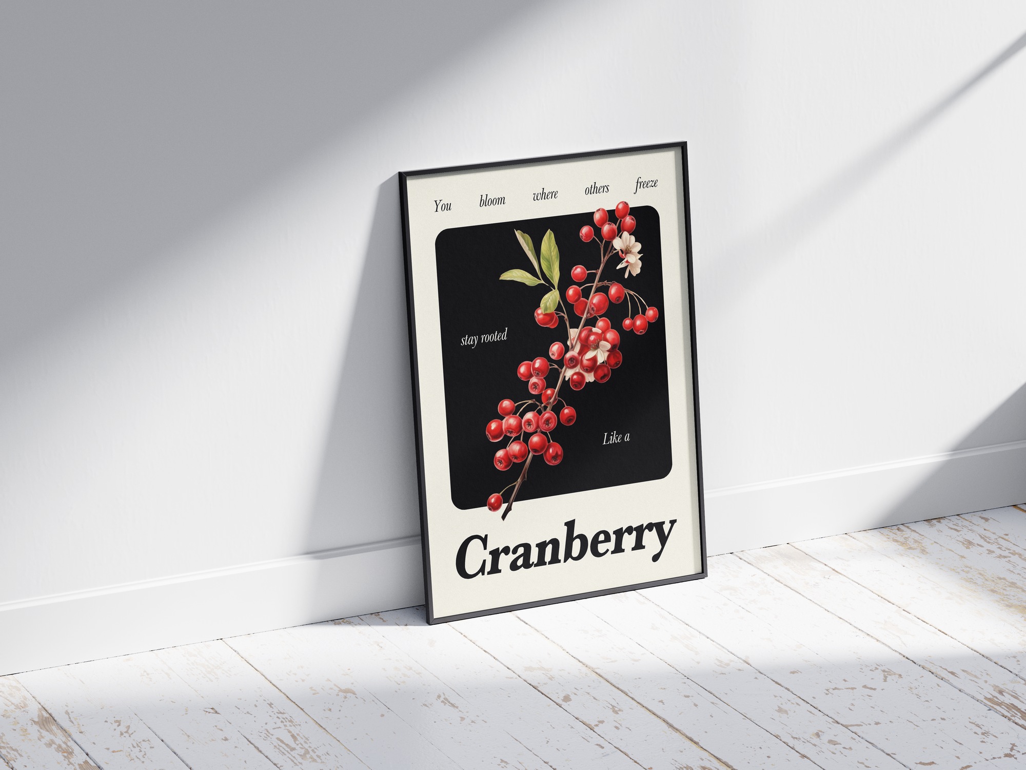 Minimalist botanical cranberry poster featuring a detailed fruit illustration with poetic text. Printed on semi-gloss sustainable paper. Perfect wall decor for kitchens, cozy spaces, or modern interiors that value natural beauty and quiet strength.
