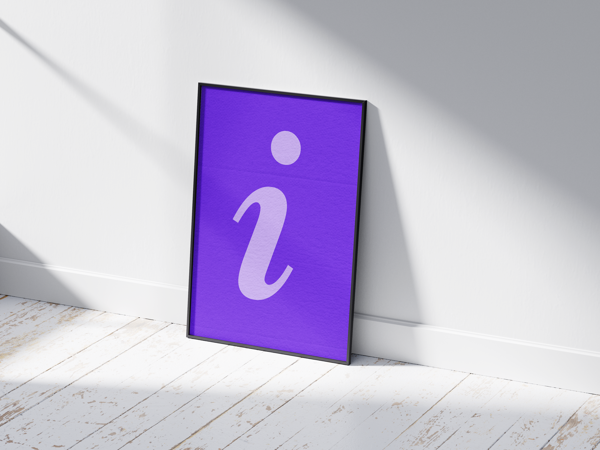 Vibrant and charming alphabet letter I poster, featuring a flowing lilac script 'i' on an electric-purple background. Perfect wall art for nurseries, creative studios, or gallery walls with a modern, graphic, and colorful aesthetic.