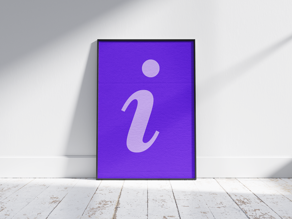 Vibrant and charming alphabet letter I poster, featuring a flowing lilac script 'i' on an electric-purple background. Perfect wall art for nurseries, creative studios, or gallery walls with a modern, graphic, and colorful aesthetic.