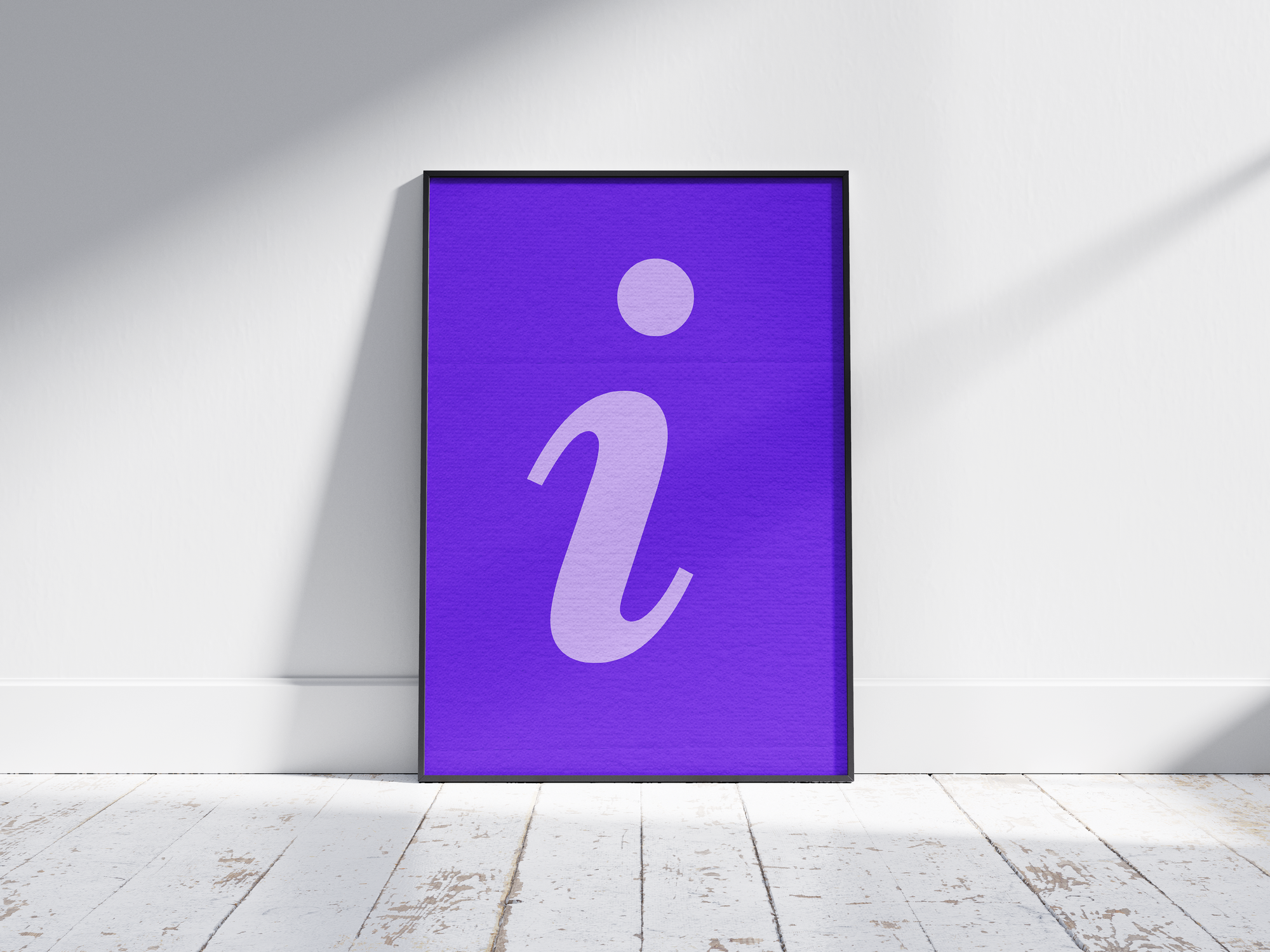 Vibrant and charming alphabet letter I poster, featuring a flowing lilac script 'i' on an electric-purple background. Perfect wall art for nurseries, creative studios, or gallery walls with a modern, graphic, and colorful aesthetic.