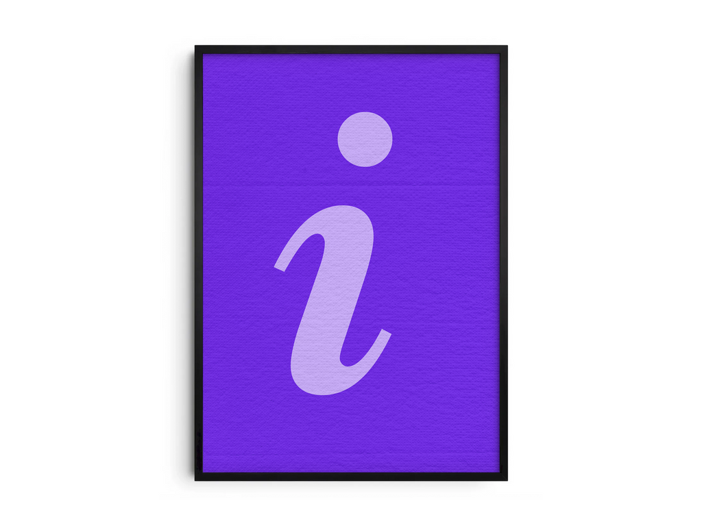 Vibrant and charming alphabet letter I poster, featuring a flowing lilac script 'i' on an electric-purple background. Perfect wall art for nurseries, creative studios, or gallery walls with a modern, graphic, and colorful aesthetic.