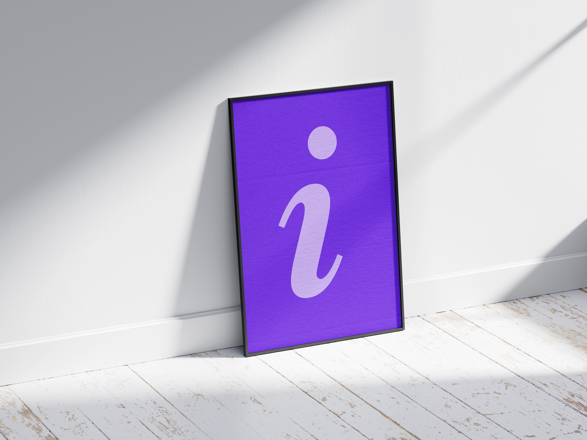 Vibrant and charming alphabet letter I poster, featuring a flowing lilac script 'i' on an electric-purple background. Perfect wall art for nurseries, creative studios, or gallery walls with a modern, graphic, and colorful aesthetic.