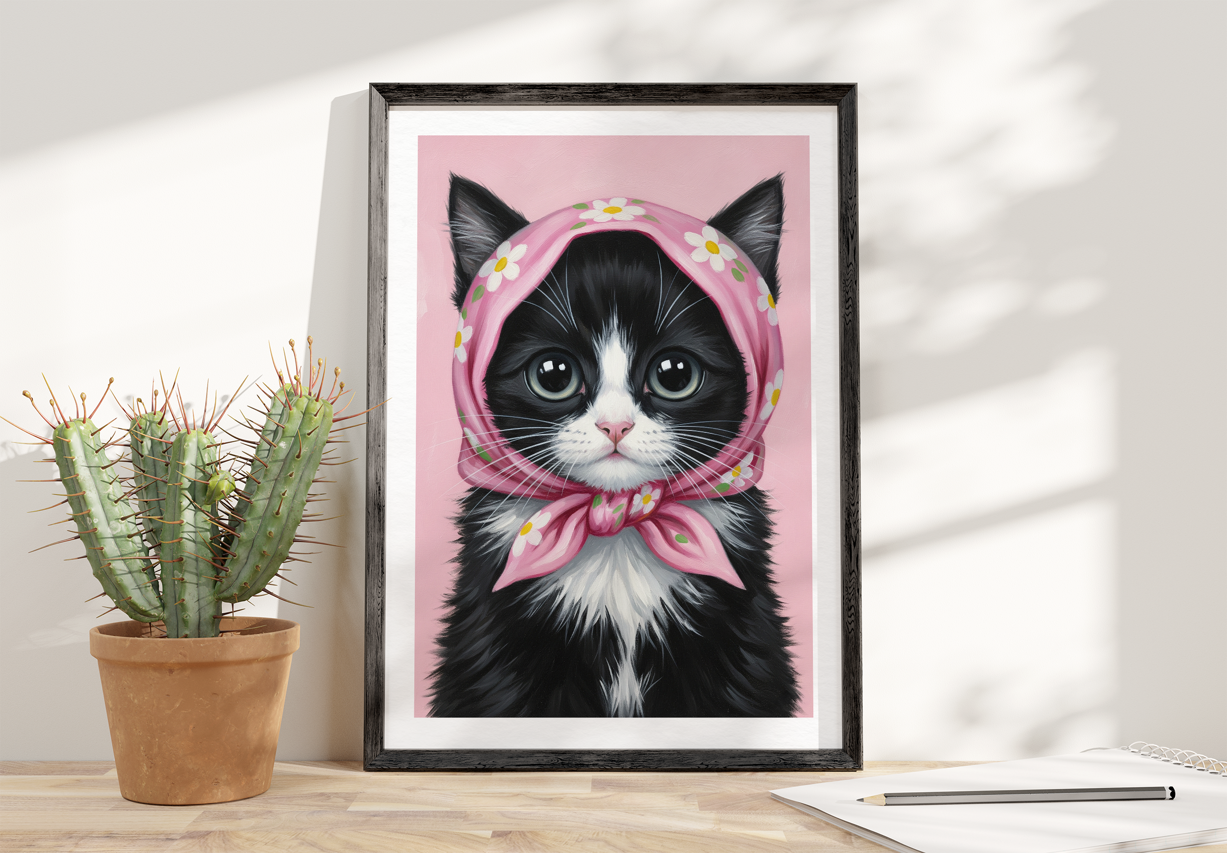 A black-framed close-up illustration of a black and white kitten with large eyes, wearing a pink kerchief with white flowers, leaning on a wooden surface next to a potted cactus.