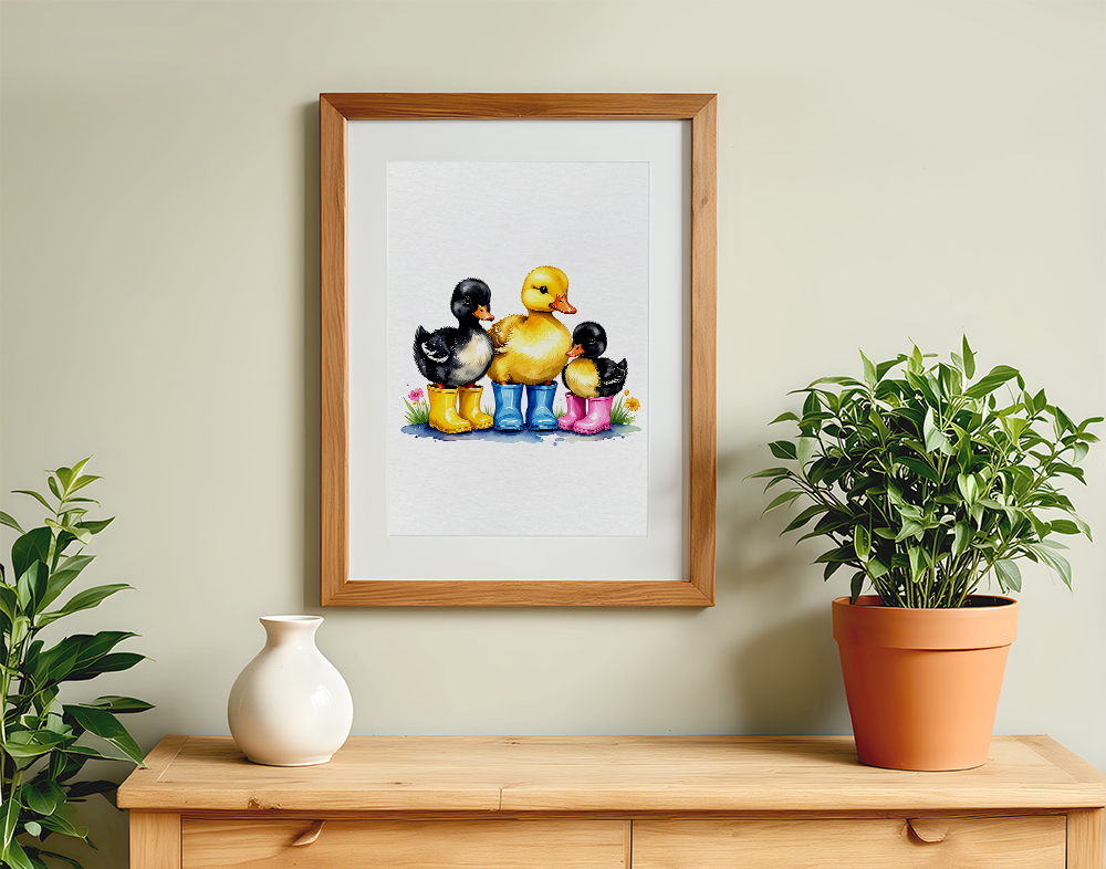 An adorable watercolor art print depicting a family of ducks—a black duck, a yellow duck, and a small black duckling—all standing in colorful rain boots. Perfect for a nursery, child's room, or playroom. The framed print hangs above a light wooden dresser, flanked by a small white vase and a lush potted green plant in a terracotta pot, adding a touch of rustic charm and cheer.