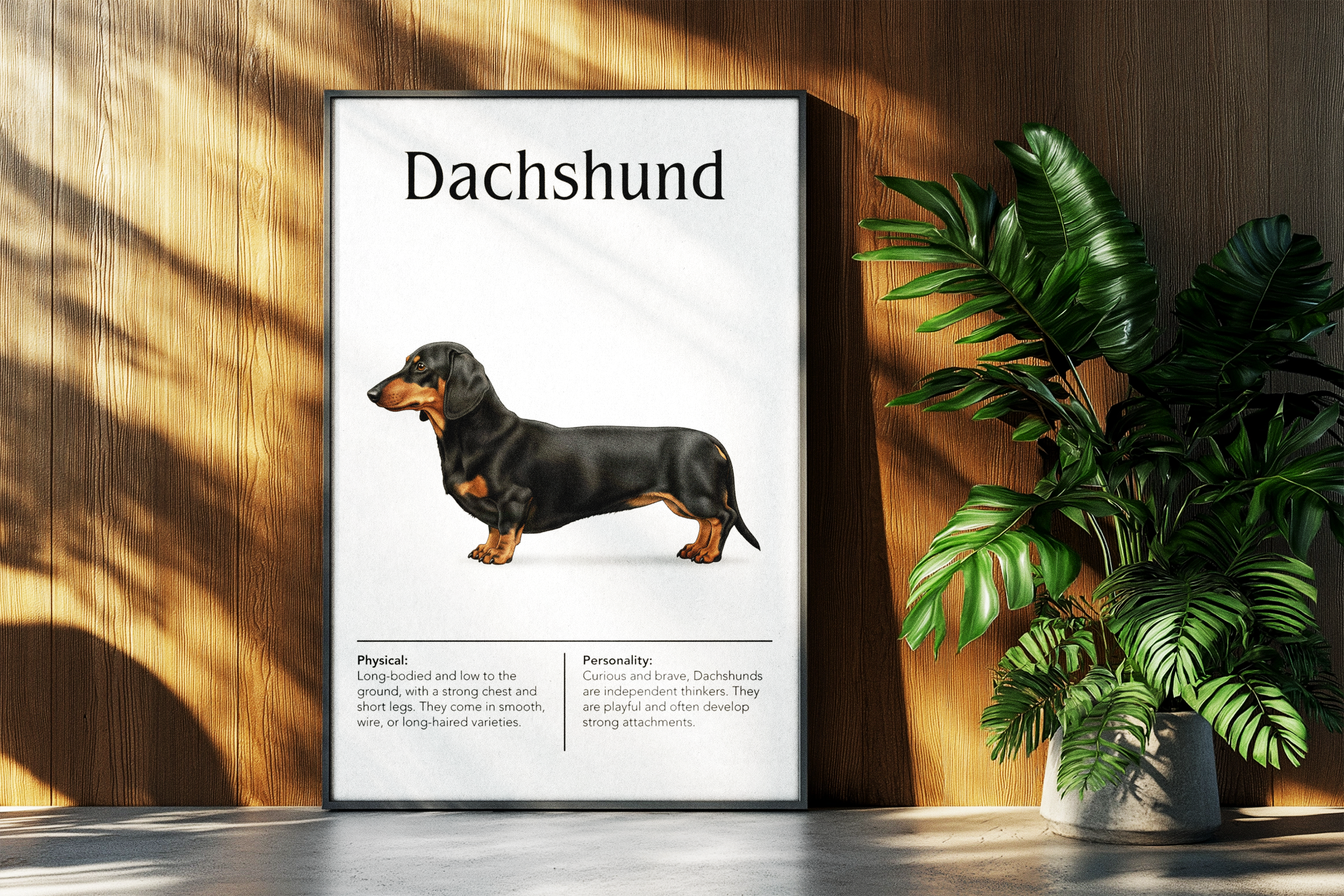 A black-framed poster of a black and tan Dachshund, resting on the floor against a warm wooden panel wall next to a large potted green plant.