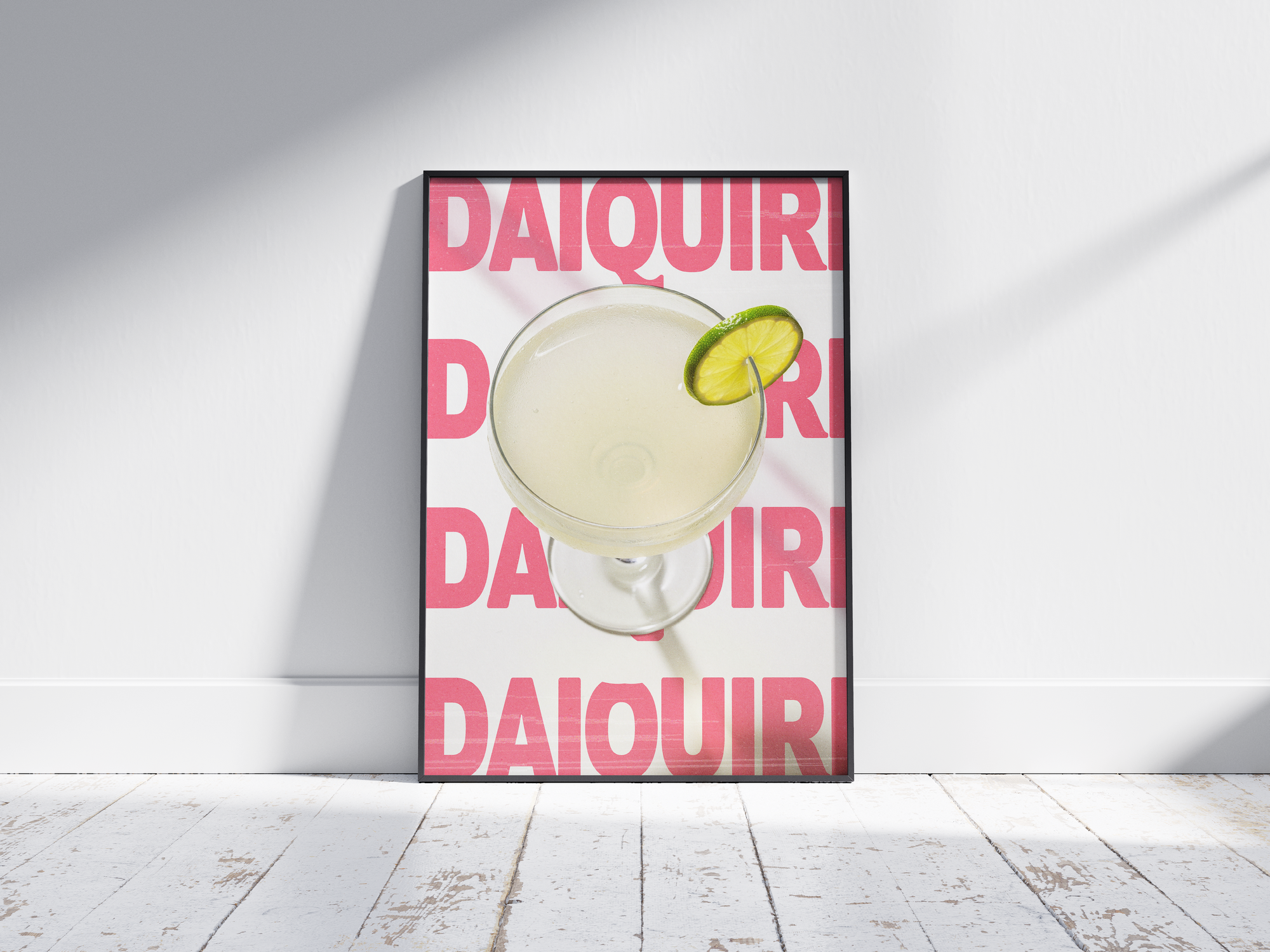 Classic Daiquiri cocktail poster featuring elegant typography and a refreshing drink illustration, printed on semi-gloss sustainable paper. Perfect wall art for kitchens, bar areas, or modern interiors with a clean and vibrant aesthetic.