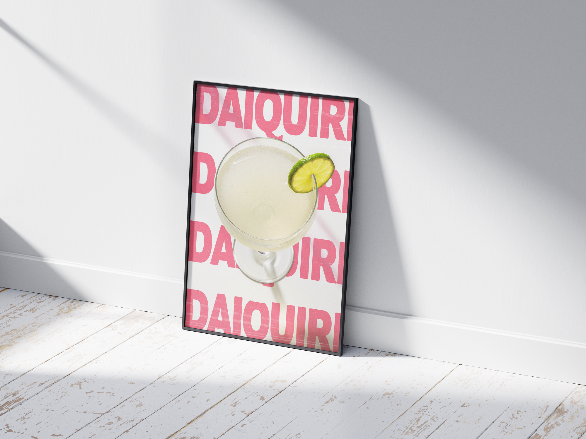 Classic Daiquiri cocktail poster featuring elegant typography and a refreshing drink illustration, printed on semi-gloss sustainable paper. Perfect wall art for kitchens, bar areas, or modern interiors with a clean and vibrant aesthetic.