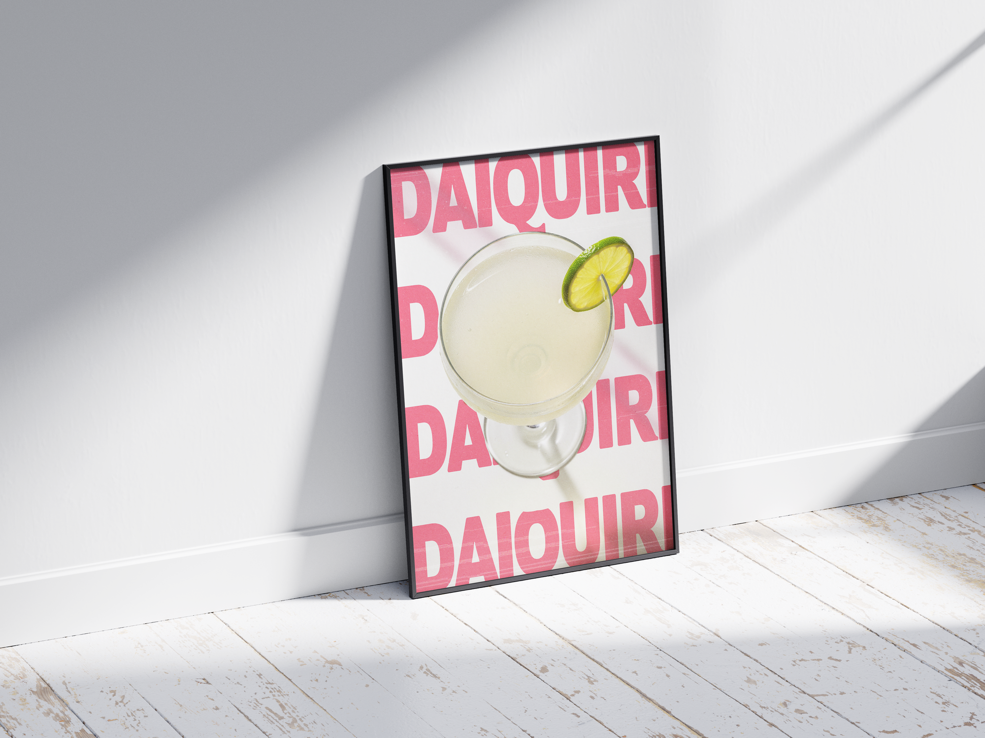 Classic Daiquiri cocktail poster featuring elegant typography and a refreshing drink illustration, printed on semi-gloss sustainable paper. Perfect wall art for kitchens, bar areas, or modern interiors with a clean and vibrant aesthetic.