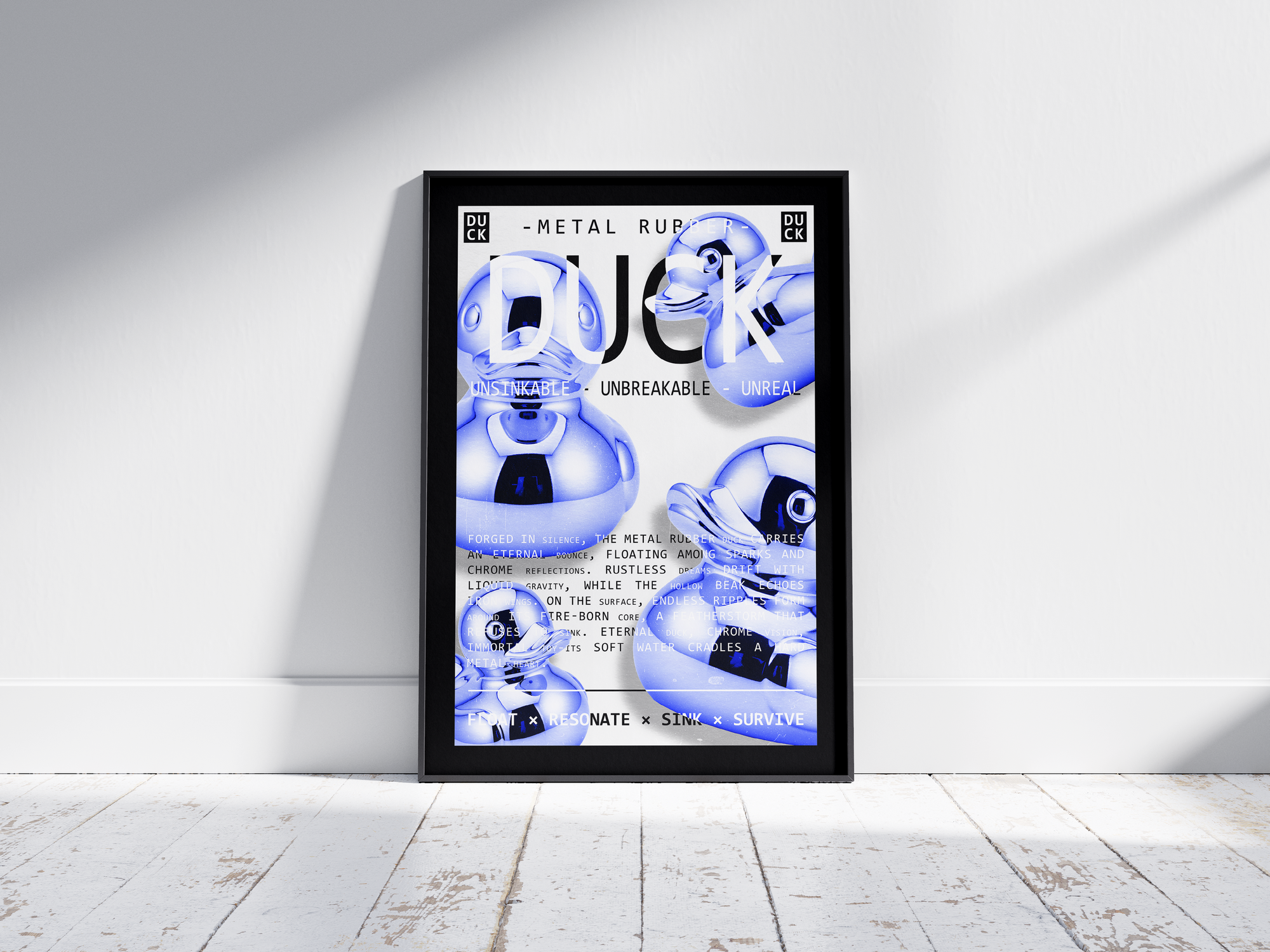 Vibrant metallic rubber duck poster featuring a glossy and reflective illustration in various colors. This modern pop art print is perfect for adding a bold and playful statement to living rooms, offices, or minimalist interiors.