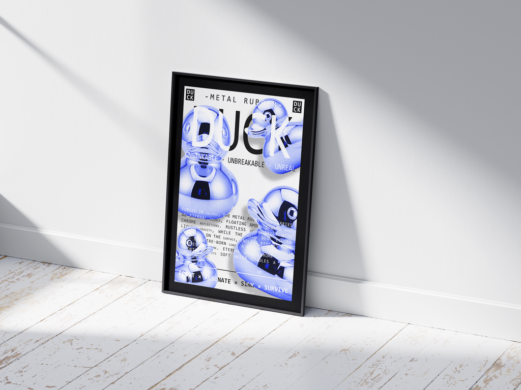 Vibrant metallic rubber duck poster featuring a glossy and reflective illustration in various colors. This modern pop art print is perfect for adding a bold and playful statement to living rooms, offices, or minimalist interiors.