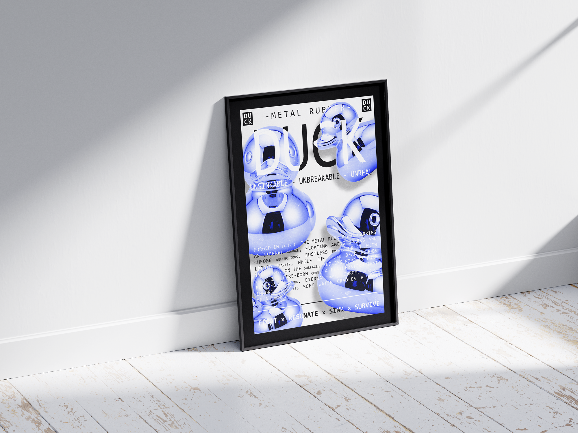 Vibrant metallic rubber duck poster featuring a glossy and reflective illustration in various colors. This modern pop art print is perfect for adding a bold and playful statement to living rooms, offices, or minimalist interiors.