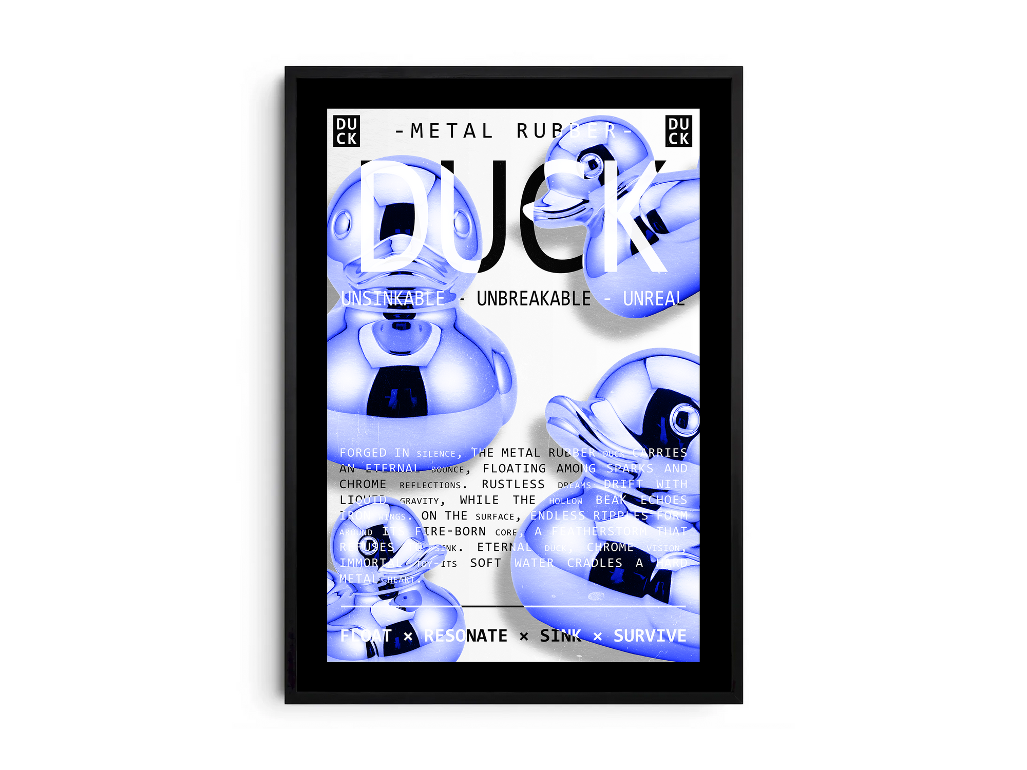 Vibrant metallic rubber duck poster featuring a glossy and reflective illustration in various colors. This modern pop art print is perfect for adding a bold and playful statement to living rooms, offices, or minimalist interiors.