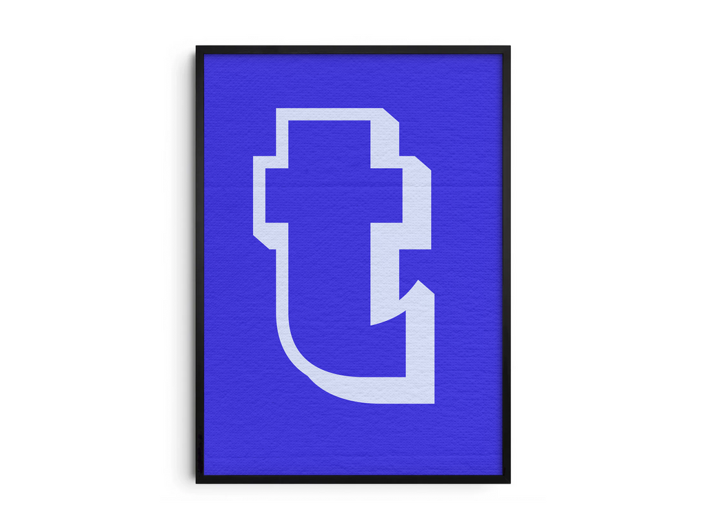 Bold and deconstructed geometric alphabet letter T poster, featuring an off-white fragmented 't' outline on an electric blue background. Perfect modern wall art for studios, offices, or gallery walls with a sharp, graphic, and contemporary aesthetic.