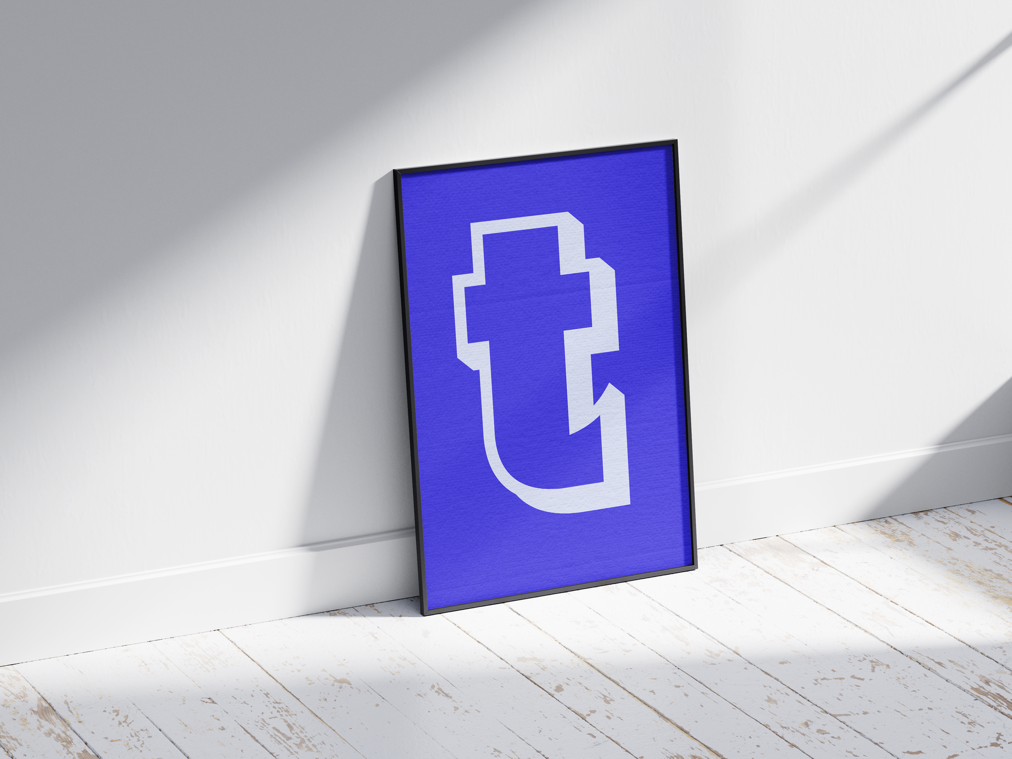 Bold and deconstructed geometric alphabet letter T poster, featuring an off-white fragmented 't' outline on an electric blue background. Perfect modern wall art for studios, offices, or gallery walls with a sharp, graphic, and contemporary aesthetic.