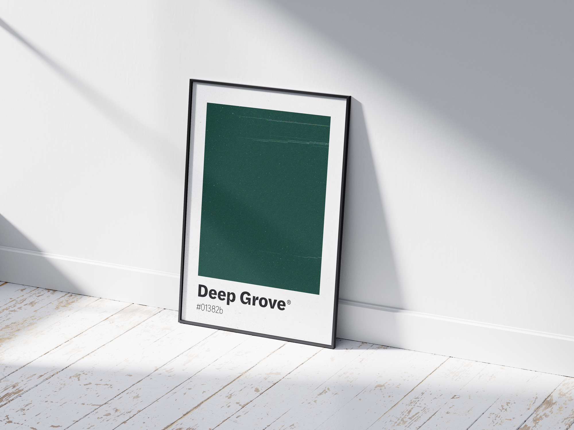 Minimalist dark green color swatch poster featuring the unique shade "Deep Grove" with its hexadecimal code #01382b. This modern art print is ideal for adding a sophisticated and serene touch to contemporary interiors, offices, or gallery walls.