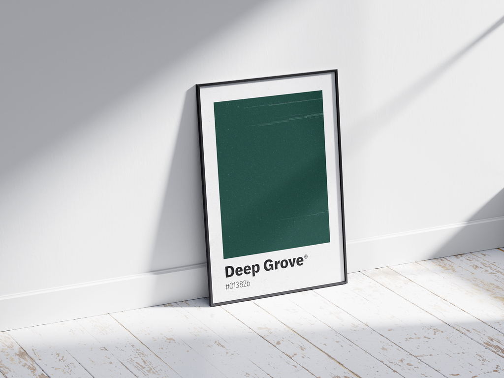 Minimalist dark green color swatch poster featuring the unique shade "Deep Grove" with its hexadecimal code #01382b. This modern art print is ideal for adding a sophisticated and serene touch to contemporary interiors, offices, or gallery walls.