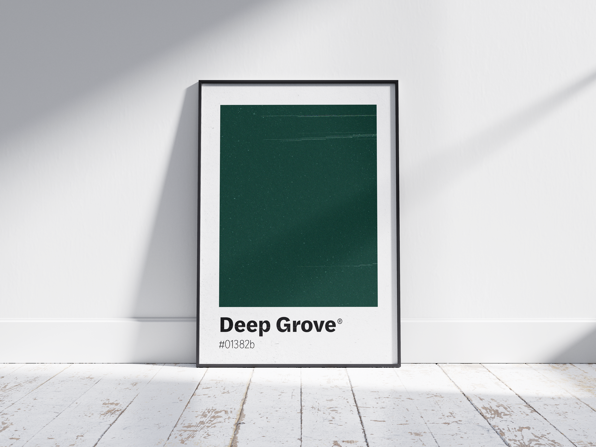 Minimalist dark green color swatch poster featuring the unique shade "Deep Grove" with its hexadecimal code #01382b. This modern art print is ideal for adding a sophisticated and serene touch to contemporary interiors, offices, or gallery walls.