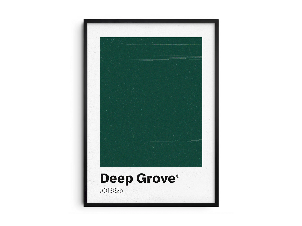 Minimalist dark green color swatch poster featuring the unique shade "Deep Grove" with its hexadecimal code #01382b. This modern art print is ideal for adding a sophisticated and serene touch to contemporary interiors, offices, or gallery walls.