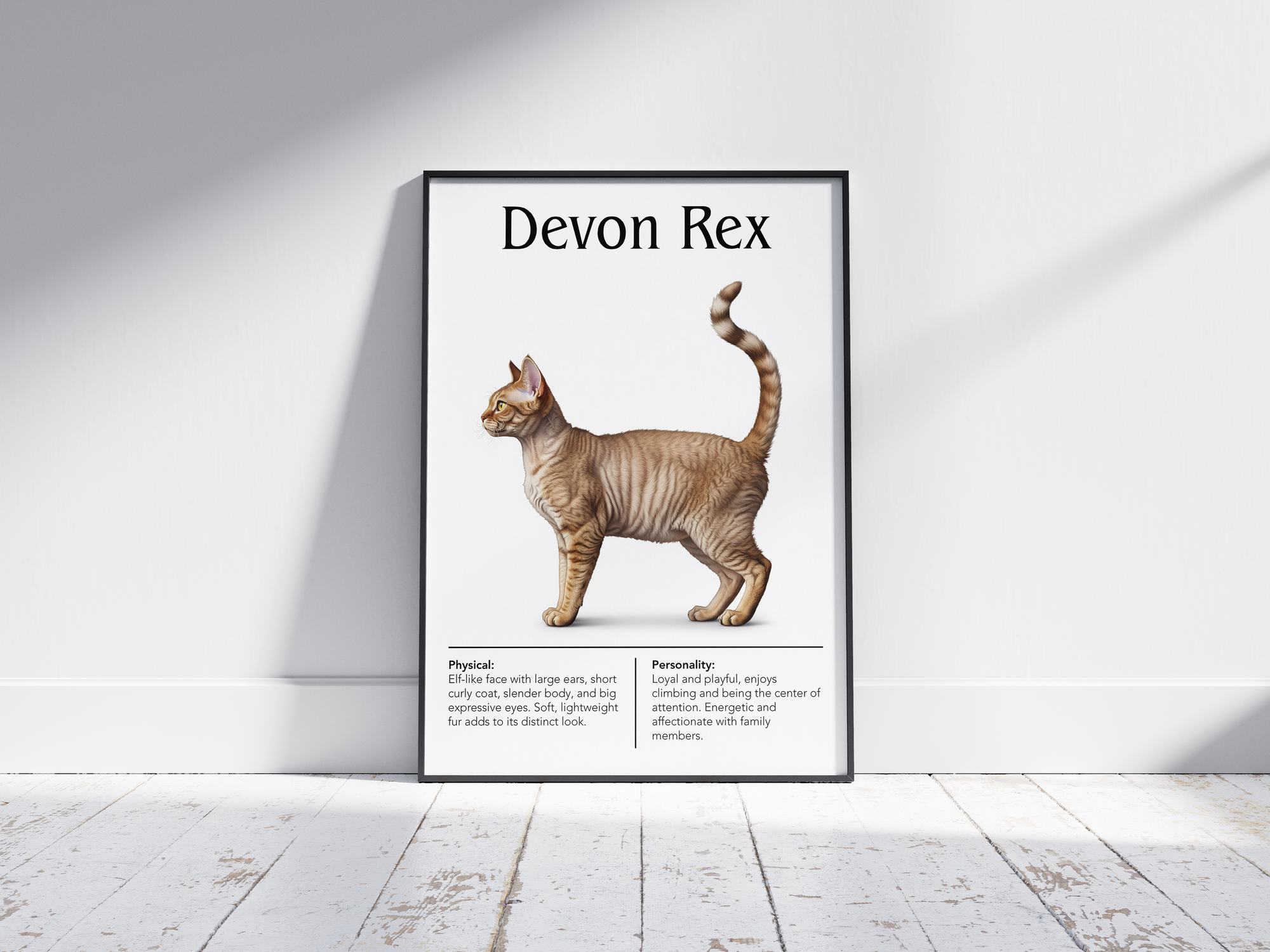 Charming Devon Rex cat breed poster featuring a detailed illustration of the cat with its distinctive wavy coat and elfin face, printed on semi-gloss sustainable paper. Perfect wall art for living rooms, studies, or modern interiors with a quirky and playful aesthetic.
