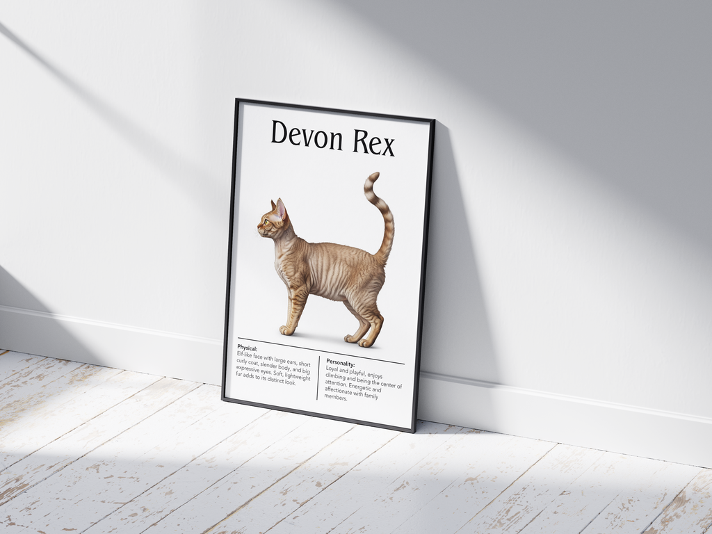Charming Devon Rex cat breed poster featuring a detailed illustration of the cat with its distinctive wavy coat and elfin face, printed on semi-gloss sustainable paper. Perfect wall art for living rooms, studies, or modern interiors with a quirky and playful aesthetic.