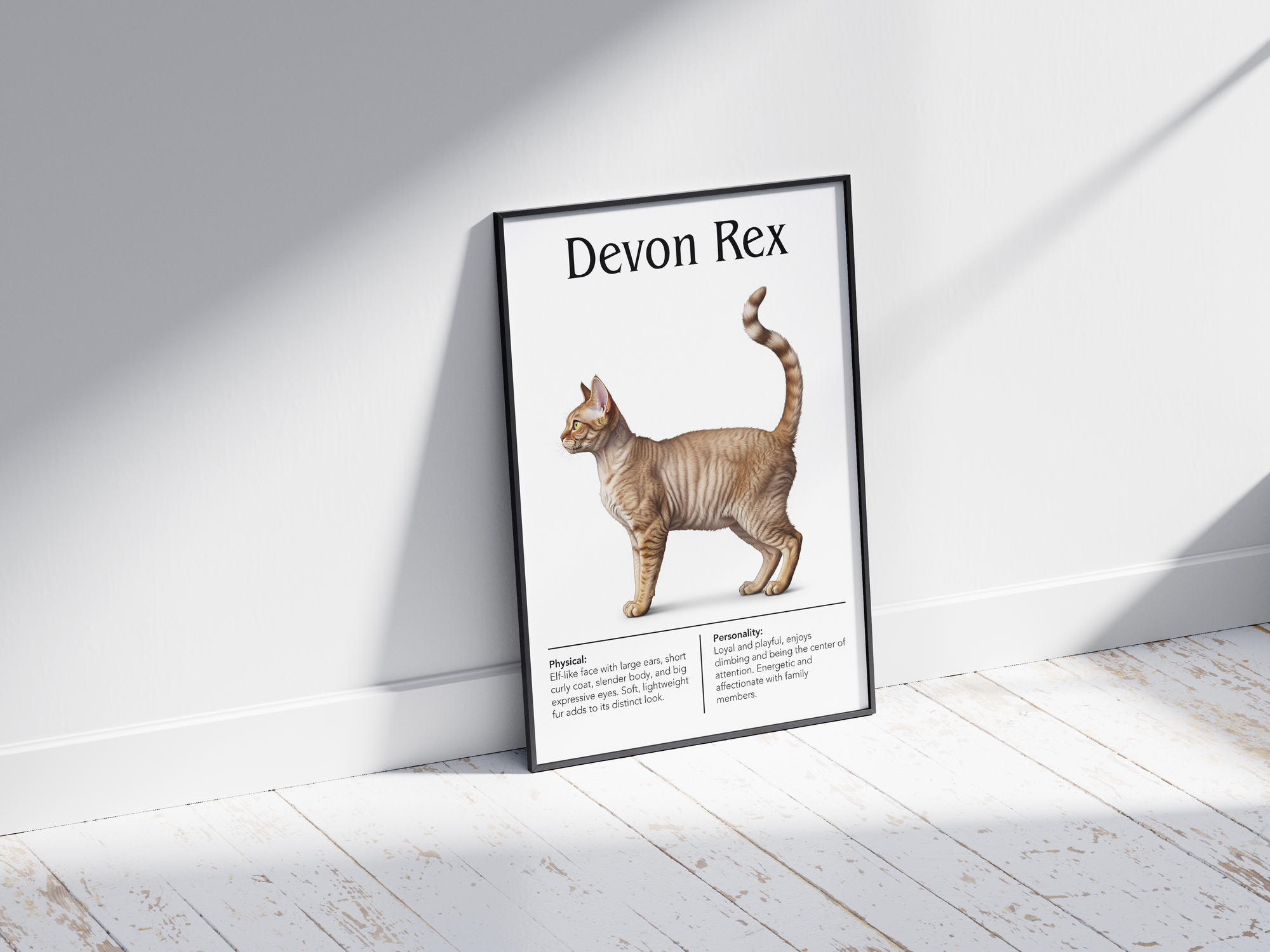 Charming Devon Rex cat breed poster featuring a detailed illustration of the cat with its distinctive wavy coat and elfin face, printed on semi-gloss sustainable paper. Perfect wall art for living rooms, studies, or modern interiors with a quirky and playful aesthetic.