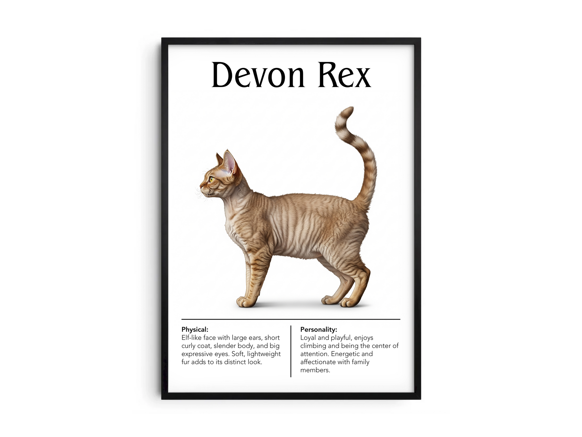 Charming Devon Rex cat breed poster featuring a detailed illustration of the cat with its distinctive wavy coat and elfin face, printed on semi-gloss sustainable paper. Perfect wall art for living rooms, studies, or modern interiors with a quirky and playful aesthetic.