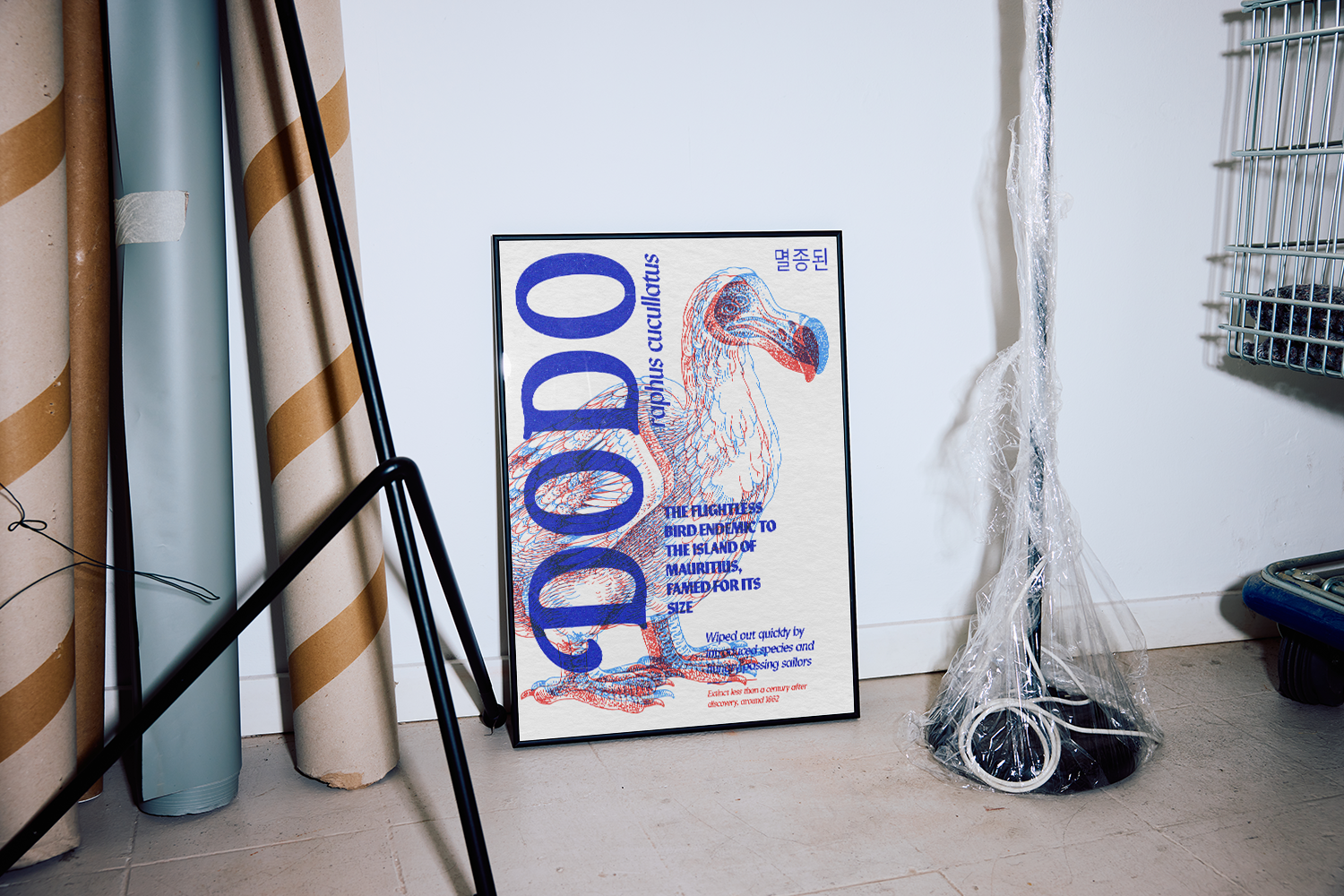A framed poster of the Dodo, Raphus cucullatus, illustrated with an anaglyph effect, sitting on the floor in a storage-like area next to rolled-up paper and plastic-wrapped objects. The text identifies it as the "DODO," the "flightless bird endemic to the island of Mauritius."