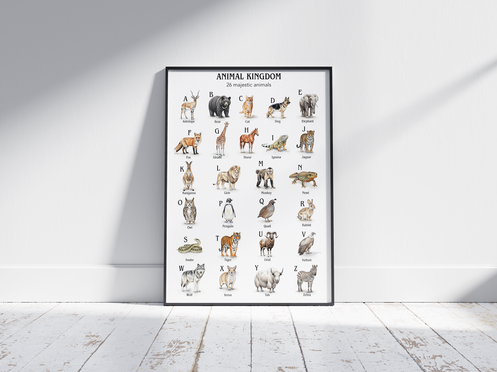 Educational animal alphabet poster featuring 26 detailed animal illustrations for each letter, printed on semi-gloss sustainable paper. Perfect wall art for children's rooms, nurseries, or playrooms with a fun and educational aesthetic.