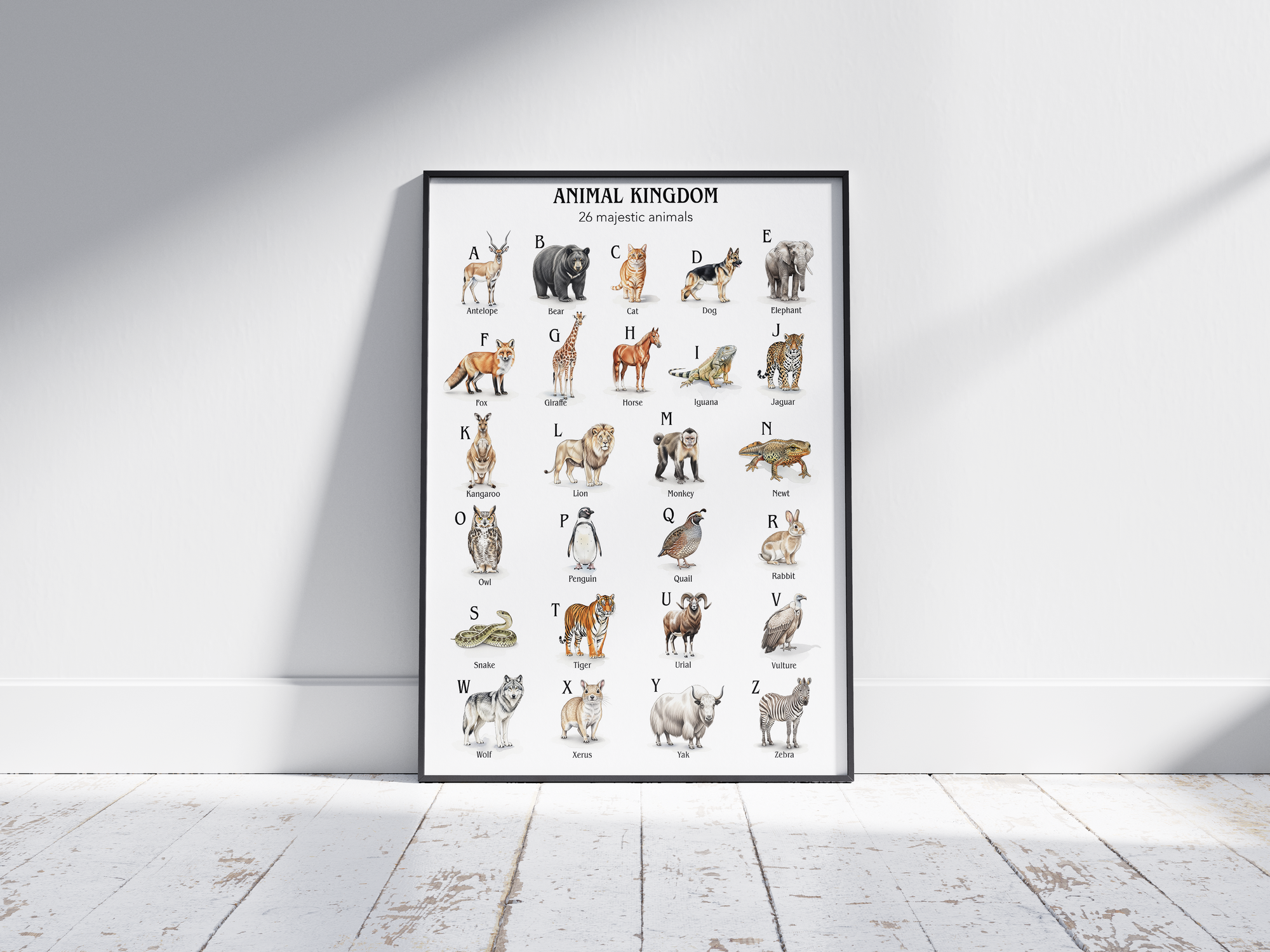 Educational animal alphabet poster featuring 26 detailed animal illustrations for each letter, printed on semi-gloss sustainable paper. Perfect wall art for children's rooms, nurseries, or playrooms with a fun and educational aesthetic.