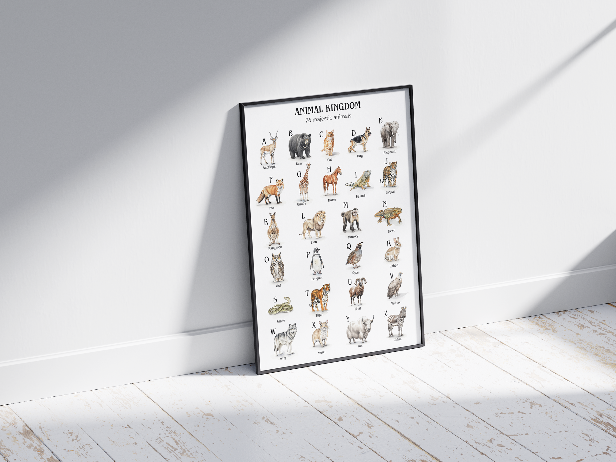 Educational animal alphabet poster featuring 26 detailed animal illustrations for each letter, printed on semi-gloss sustainable paper. Perfect wall art for children's rooms, nurseries, or playrooms with a fun and educational aesthetic.