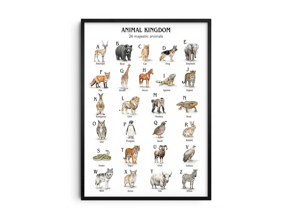 Educational animal alphabet poster featuring 26 detailed animal illustrations for each letter, printed on semi-gloss sustainable paper. Perfect wall art for children's rooms, nurseries, or playrooms with a fun and educational aesthetic.