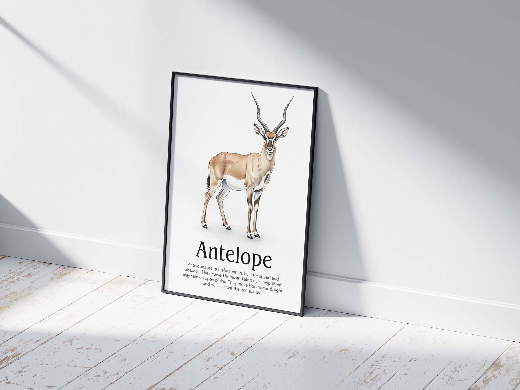 Detailed hand-illustrated Educational Antelope Animal Poster for the letter 'A', printed on semi-gloss sustainable paper. Perfect wall art for children's rooms, nurseries, or playrooms with an educational and nature-inspired aesthetic.