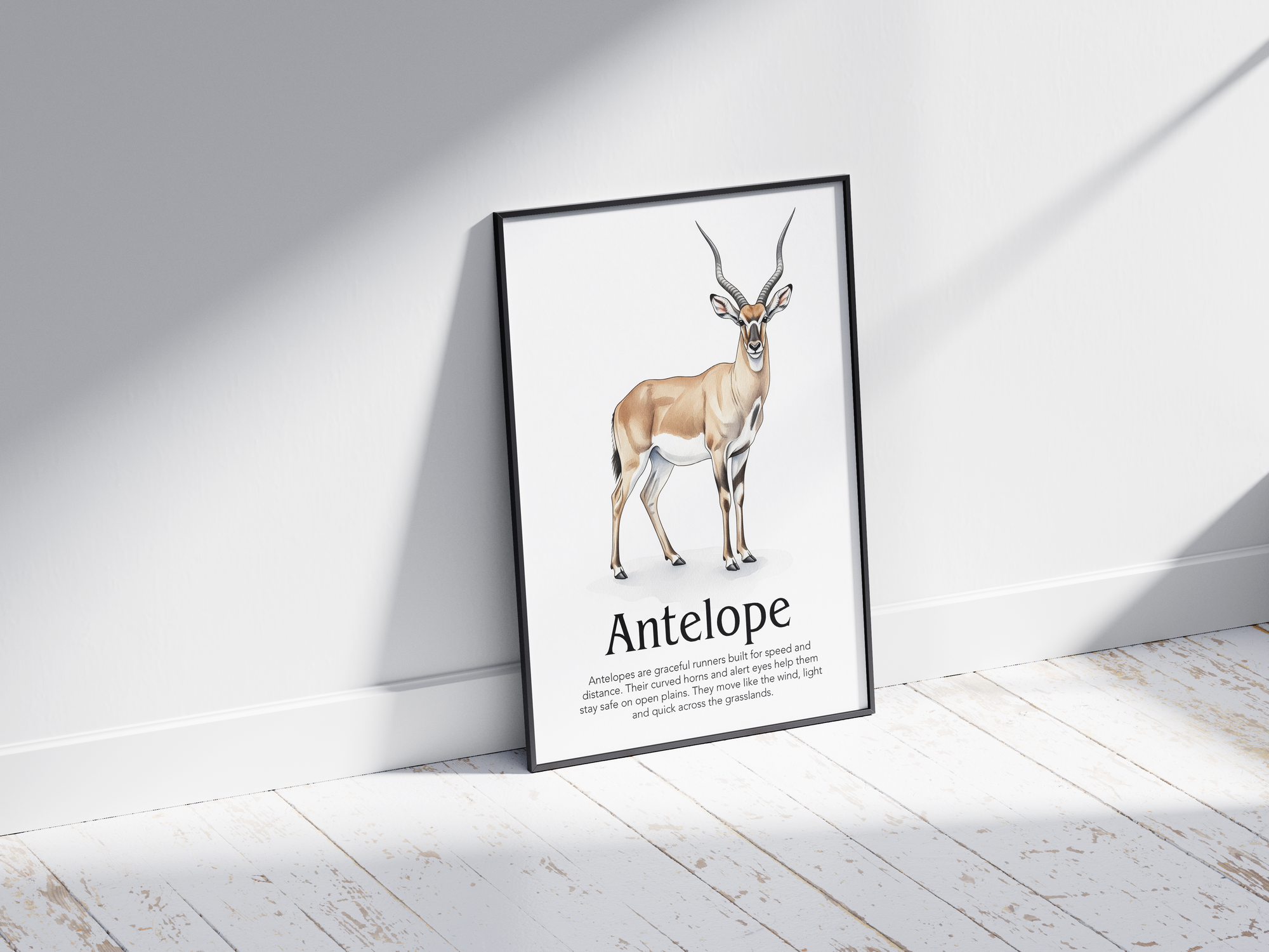 Detailed hand-illustrated Educational Antelope Animal Poster for the letter 'A', printed on semi-gloss sustainable paper. Perfect wall art for children's rooms, nurseries, or playrooms with an educational and nature-inspired aesthetic.