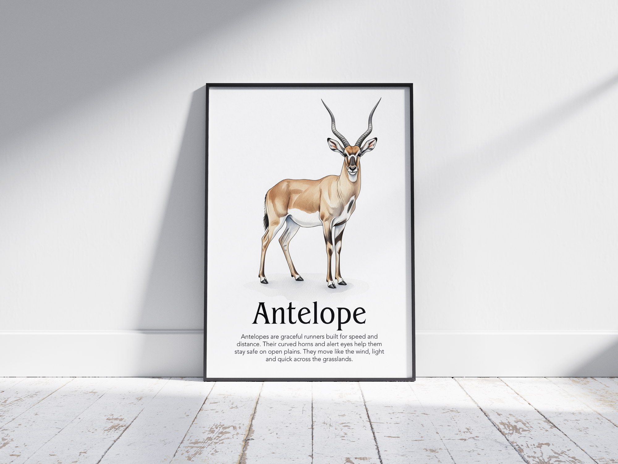 Detailed hand-illustrated Educational Antelope Animal Poster for the letter 'A', printed on semi-gloss sustainable paper. Perfect wall art for children's rooms, nurseries, or playrooms with an educational and nature-inspired aesthetic.