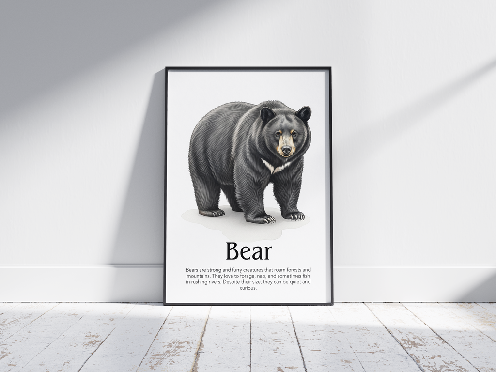 Detailed hand-illustrated Educational Bear Animal Poster for the letter 'B', printed on semi-gloss sustainable paper. Perfect wall art for children's rooms, nurseries, or playrooms with an educational and nature-inspired aesthetic.