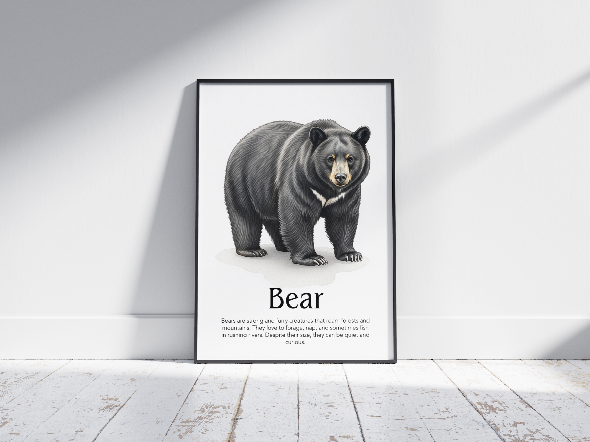 Detailed hand-illustrated Educational Bear Animal Poster for the letter 'B', printed on semi-gloss sustainable paper. Perfect wall art for children's rooms, nurseries, or playrooms with an educational and nature-inspired aesthetic.