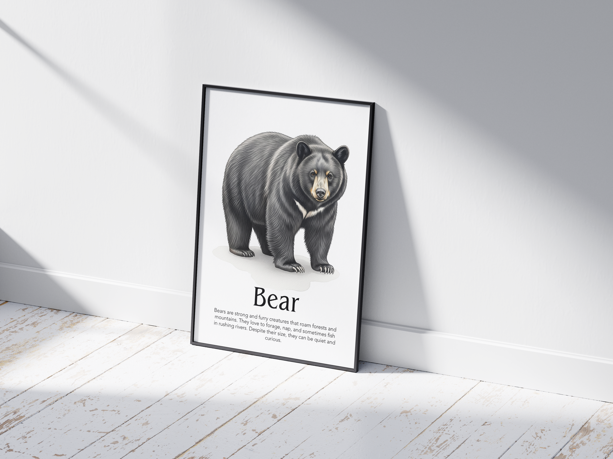 Detailed hand-illustrated Educational Bear Animal Poster for the letter 'B', printed on semi-gloss sustainable paper. Perfect wall art for children's rooms, nurseries, or playrooms with an educational and nature-inspired aesthetic.