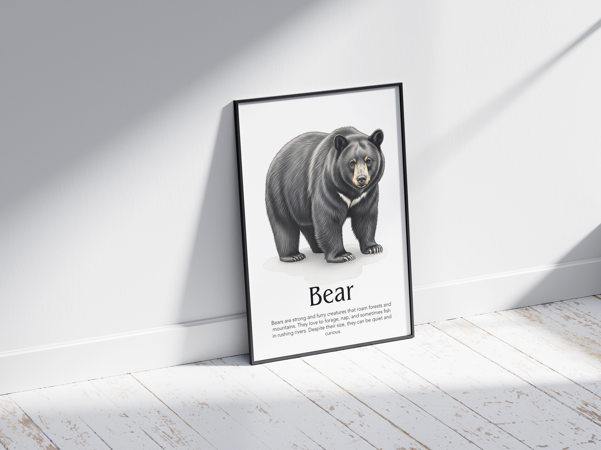 Detailed hand-illustrated Educational Bear Animal Poster for the letter 'B', printed on semi-gloss sustainable paper. Perfect wall art for children's rooms, nurseries, or playrooms with an educational and nature-inspired aesthetic.