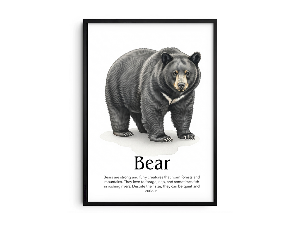 Detailed hand-illustrated Educational Bear Animal Poster for the letter 'B', printed on semi-gloss sustainable paper. Perfect wall art for children's rooms, nurseries, or playrooms with an educational and nature-inspired aesthetic.