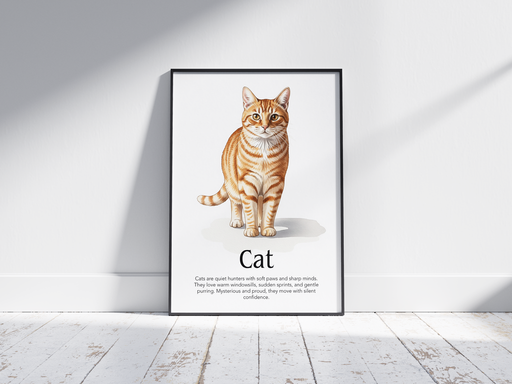 Detailed hand-illustrated Educational Cat Animal Poster for the letter 'C', printed on semi-gloss sustainable paper. Perfect wall art for children's rooms, nurseries, or playrooms with an educational and pet-friendly aesthetic.