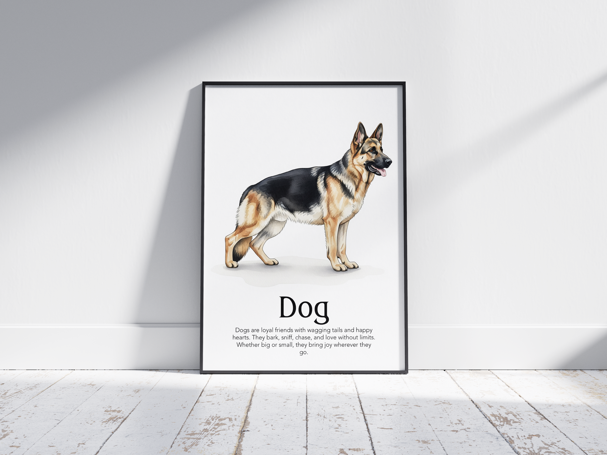 Detailed hand-illustrated Educational Dog Animal Poster for the letter 'D', printed on semi-gloss sustainable paper. Perfect wall art for children's rooms, nurseries, or playrooms with an educational and pet-friendly aesthetic.