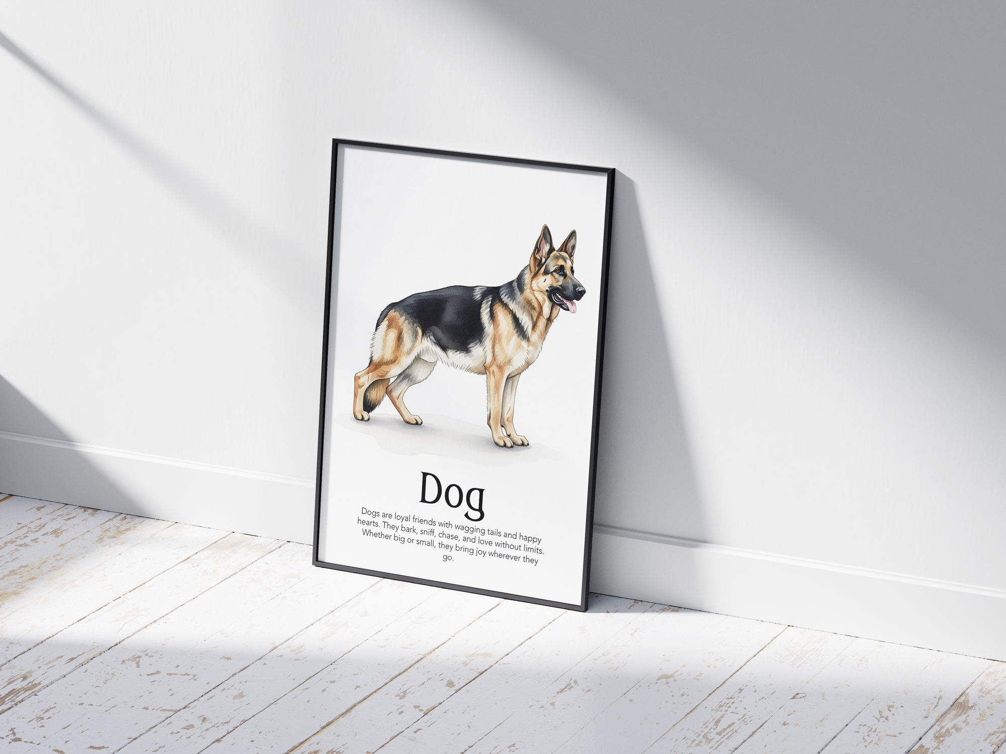 Detailed hand-illustrated Educational Dog Animal Poster for the letter 'D', printed on semi-gloss sustainable paper. Perfect wall art for children's rooms, nurseries, or playrooms with an educational and pet-friendly aesthetic.