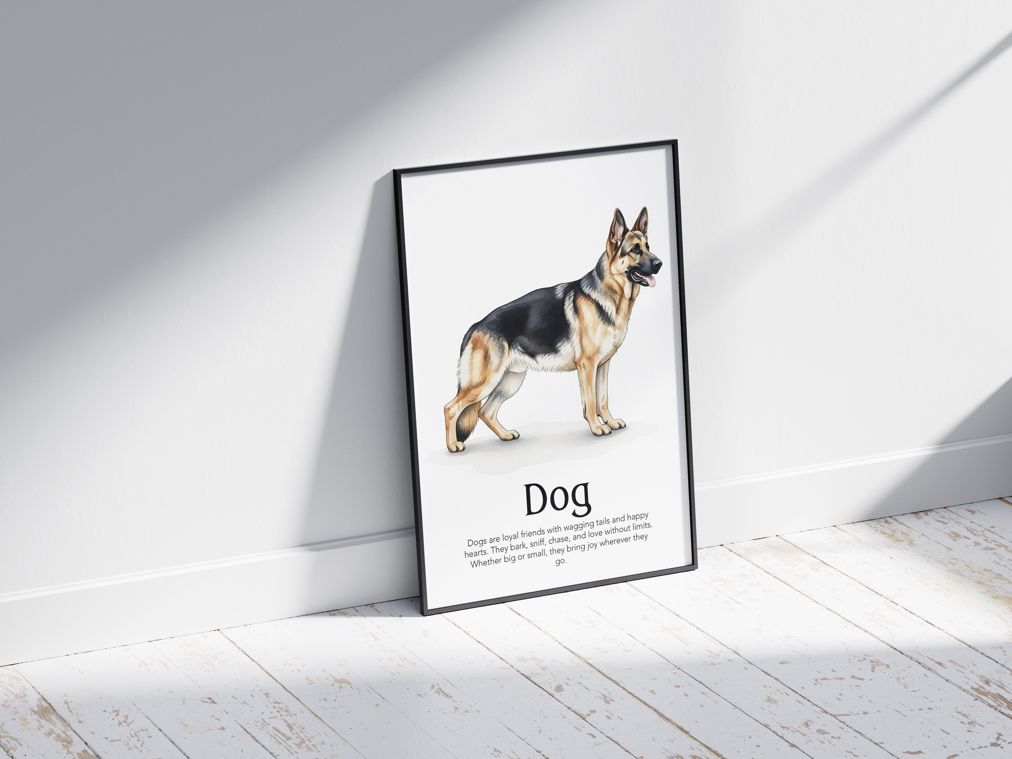 Detailed hand-illustrated Educational Dog Animal Poster for the letter 'D', printed on semi-gloss sustainable paper. Perfect wall art for children's rooms, nurseries, or playrooms with an educational and pet-friendly aesthetic.